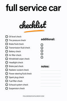 the full service car checklist is shown in black and white with an orange marker