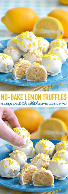 lemon truffles with white frosting and yellow sprinkles are on a blue plate