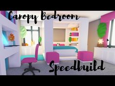 the room is decorated in pink and blue colors with text that reads carppy bedroom speed build