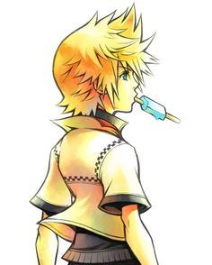 an anime character with blonde hair, wearing a white shirt and black shorts holding a blue toothbrush in his mouth