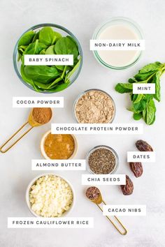 ingredients to make baby spinach smoothie on a white background with text overlay