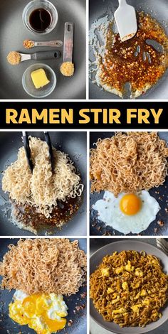 the process of making ramen stir fry is shown in four different pictures, including eggs and rice