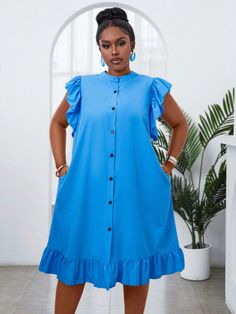 Plus Ruffle Trim Button Front Dress For Summer Vacation Blue Casual  Sleeveless Woven Fabric Plain Smock Non-Stretch  Women Plus Clothing, size features are:Bust: ,Length: ,Sleeve Length: Shot Gown Material Style, Simple Free Gown Styles, Simple Loose Dress, Plus Size Cruise Outfits, Boubou Dresses, Short Plus Size Fashion, Plain Dress Casual, Casual Gowns