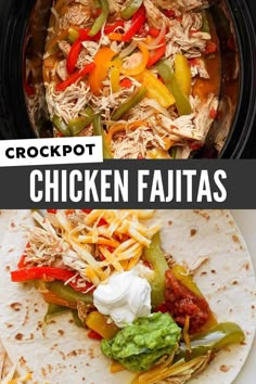 crockpot chicken fajitas with shredded cheese and peppers in the slow cooker