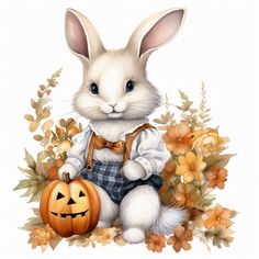 a painting of a white rabbit holding a jack o lantern