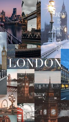 a collage of photos with the words london in white and black on them, including big ben