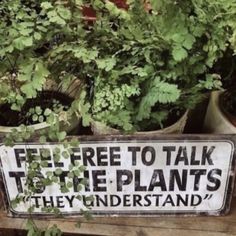 there is a sign that says free to talk to the plants they're understand