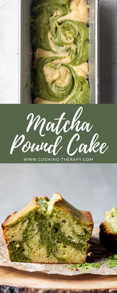 a loaf of matcha pound cake with green frosting on top and in the background