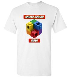 a white t - shirt with the words master builder and an image of a building block