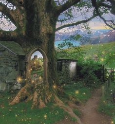 a painting of a tree with fireflies on it's roots and a house in the background