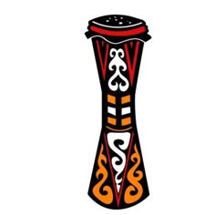 an orange and black vase with designs on it