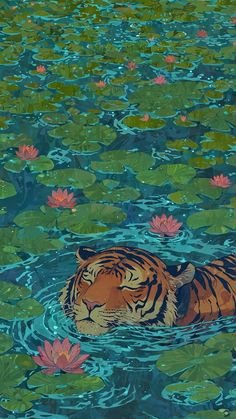 a painting of a tiger swimming in water with lily pads