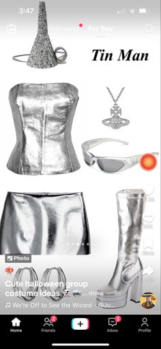 an image of a woman's silver outfit and accessories on the screen, with text that reads tin man