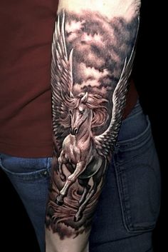 a woman with a tattoo on her arm has a horse and clouds in the background