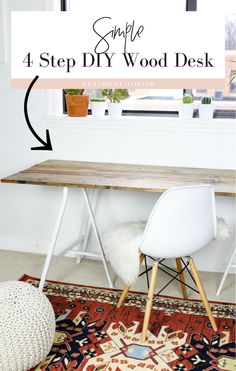 a table with two chairs next to it and the words simple 4 step diy wood desk