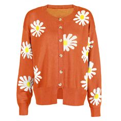 Orange Daisy Print Loose Style Knit Cardigan Spring Orange Knit Outerwear, Orange Knit Outerwear For Spring, Spring Crew Neck Soft Knit Cardigan, Spring Crew Neck Cardigan In Soft Knit, Casual Orange Knit Cardigan, Spring Soft Knit Crew Neck Cardigan, Spring Soft Knit Cardigan With Crew Neck, Orange Soft Knit Sweater For Spring, Orange Knitted Sweater For Spring