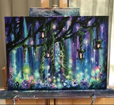 an acrylic painting of a night time forest scene with lanterns hanging from the trees