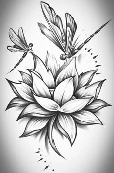 a black and white drawing of flowers with dragonflies on it's back side