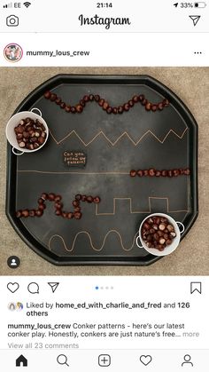 a tray with coffee beans on it and two cups of coffee in front of the tray