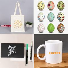 four different pictures with easter eggs and coffee mugs