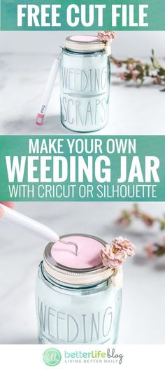 a jar filled with pink liquid and the words wedding jar written in white on it