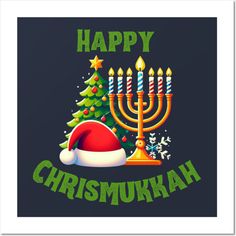 a happy christmas card with a lit menorah and santa claus hat on it