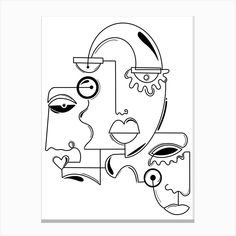 an abstract black and white drawing of faces