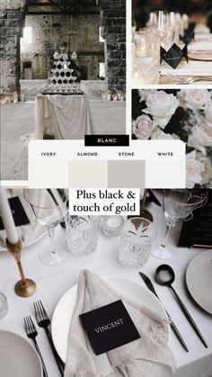 an image of a table setting with white flowers and black and gold place settings on it