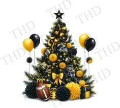 a christmas tree decorated with balloons and footballs is shown in this drawing by the talented artist