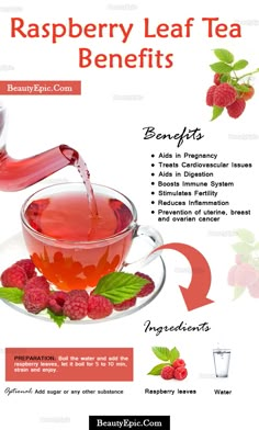 raspberry leaf tea benefits info sheet with description on the top and below it