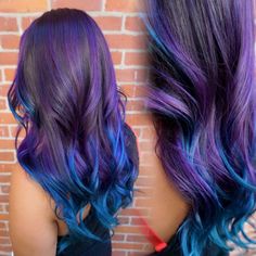 Purple And Blue Hair Highlights Peekaboo Color, Blue And Purple Hair Highlights, Blue And Purple Ombre Hair, Oil Slick Hair Color, Aesthetic Surgeon, Galaxy Hair Color, Pinwheel Hair Color, Splat Hair Color, Hair Color Placement