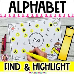 a hand holding a yellow marker over a white background with the words find and write alphabet