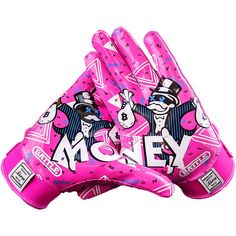 two pink gloves that say money with cartoon animals on them and the words money written in large letters