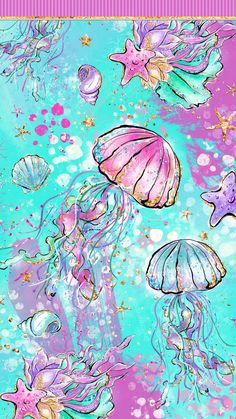 a painting of jellyfishs and other sea creatures in pink, blue, and green