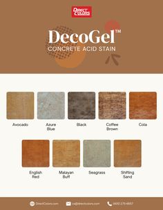 the color chart for decogel concrete acid stain is shown in different colors and sizes