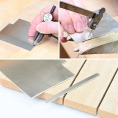 a person using a pair of scissors to cut metal pieces on a piece of wood