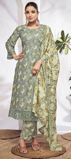 Black and Grey color Salwar Kameez in Cotton fabric with Digital Print, Embroidered, Floral, Lace work Pista Green Sharara With Printed Motifs For Wedding, Pista Green Wedding Kurta With Printed Motifs, Pista Green Dupatta With Printed Motifs For Wedding, Pista Green Wedding Dupatta With Printed Motifs, Wedding Dupatta In Pista Green With Printed Motifs, Party Wear Salwar Kameez, Grey Color, Grey Fashion, Salwar Kameez