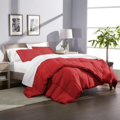 a bed with red and white comforters in a bedroom next to a window,