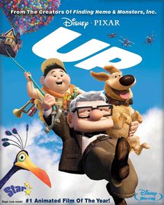 the poster for up with two characters flying in the sky and an animal on top