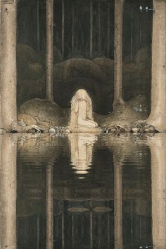 a woman is sitting in the water surrounded by columns