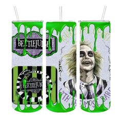 three green and white cans with the faces of marilyn monroe, jack skellinger, and beetlejuice on them