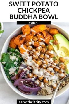 sweet potato chickpea buddha bowl with avocado and red onion on the side