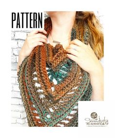 a woman wearing a multicolored knitted shawl with text overlay that reads,'crochet pattern '