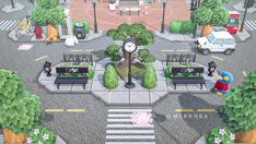 an animated city scene with benches, trees and flowers in the middle of the street