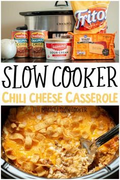 the cover of slow cooker chili cheese casserole, with ingredients in the background