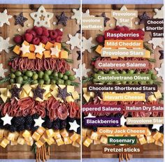 two pictures showing different types of food on a cutting board with words in the middle