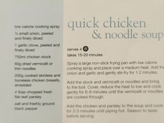 the instructions for chicken and noodle soup are shown in an advertisement brochure