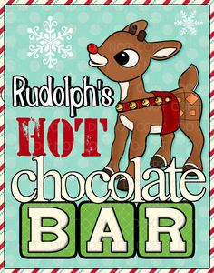 rudolph's hot chocolate bar sign on a blue background with snowflakes in the background