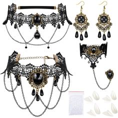 PRICES MAY VARY. Package includes: you will get 1 piece retro lace choker, 1 piece bracelet with the ring, 1 piece retro hairband, 1 pair of retro earrings and 4 pairs of vampire teeth fangs in 4 sizes (with teeth adhesive pellets), an idea Halloween party combination is nice to meet your needs for cosplay parties and decoration Quality material: the vampire costume accessories set is made of lace, beads, and alloy, soft and skin-friendly, giving you a comfortable wearing experience; The jewelry Gothic Choker Necklace, Victorian Vampire, Women Choker Necklace, Lace Choker Necklace, Gothic Chokers, Retro Bracelet, Costume Jewelry Sets, Halloween Necklace, Gothic Vintage