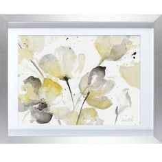 a painting with yellow and gray flowers in it's silver frame on a white wall